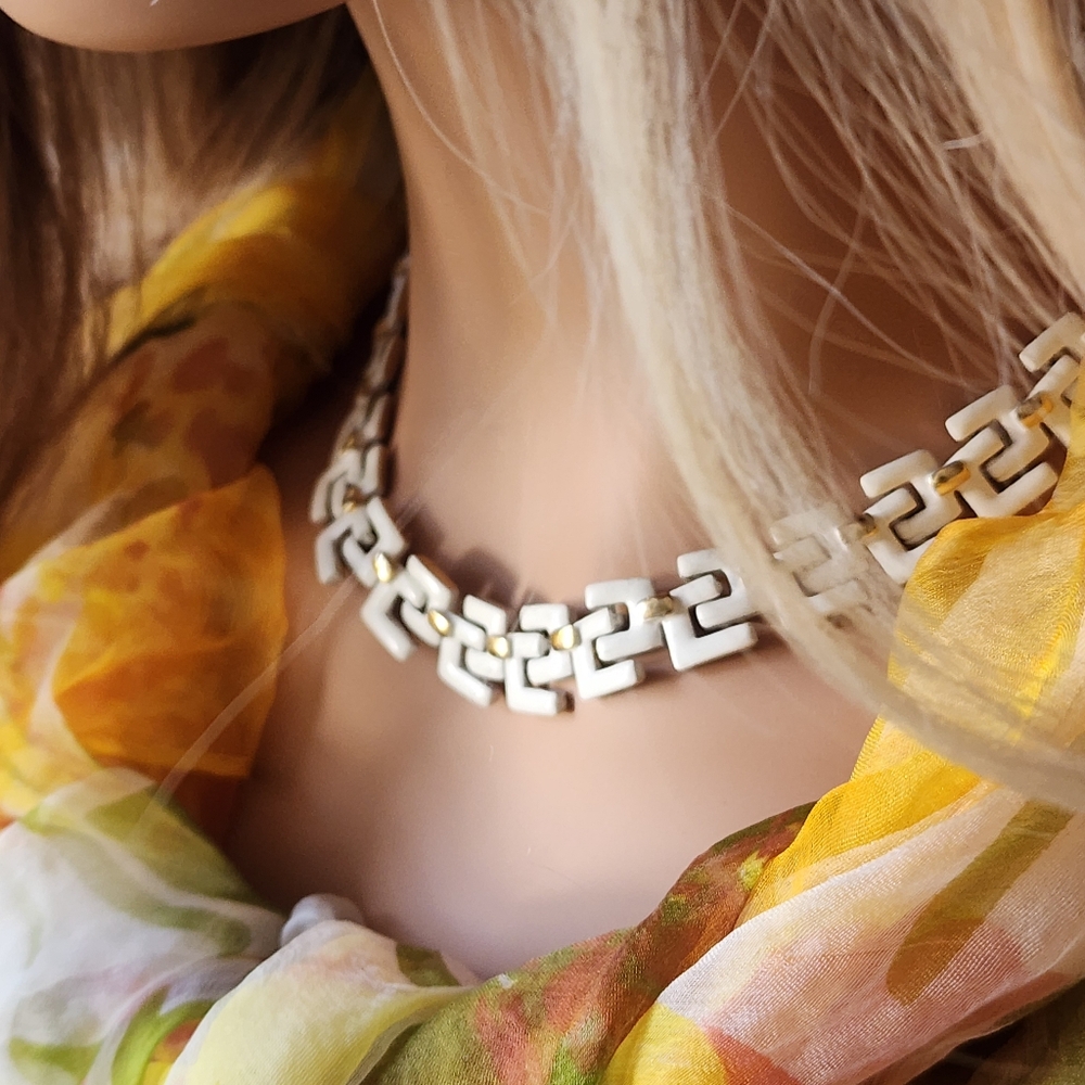 Gold Necklace Statement Gold Greek Key White Enamel Link Chain Chunky Bold - Picture 4 of 13